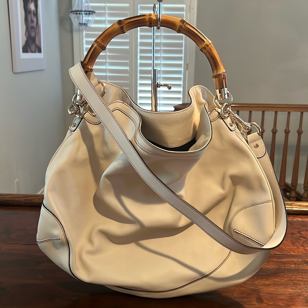 GUCCI Vintage White Leather/Bamboo Two-way Bag